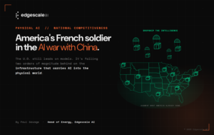 Header image for an Edgescale AI blog post about Marc Rouanne and his role in America's AI war with China. Depicts green Edgescale Cubes drop-shipping Physical AI to America's critical infrastrcture.
